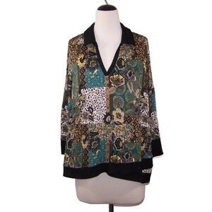 Live Well Shirt Top XL Soft Comfy Split V Neck Drop Shoulder Floral Animal